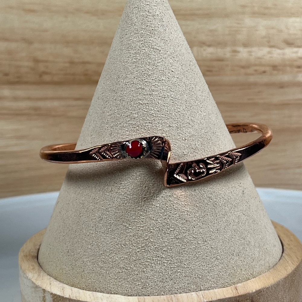 Solid Copper Native Made Apple Coral Gemstone Cuff Bracelet Size 6.5 Adjustable